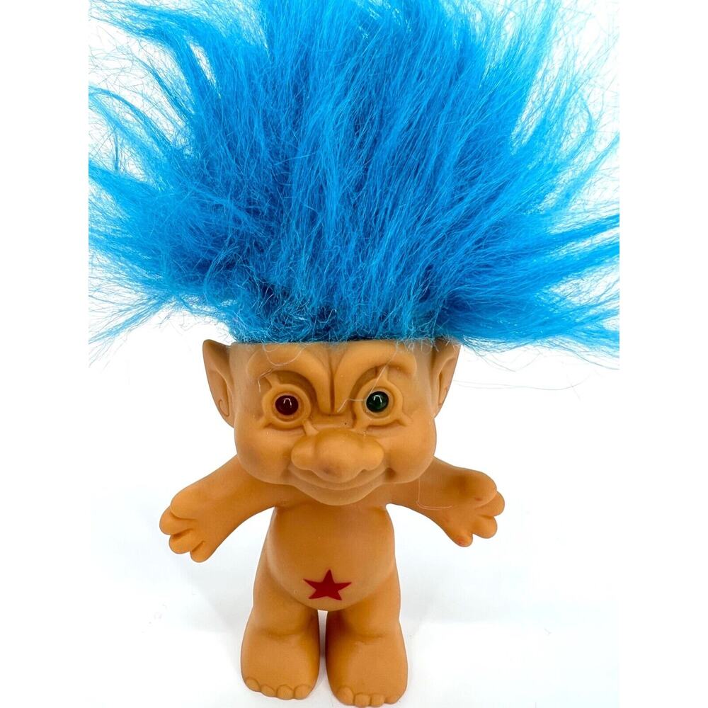 Vintage Lucky Troll Doll Red & Green Eye Red Star Belly Stamp Wish Blue Hair